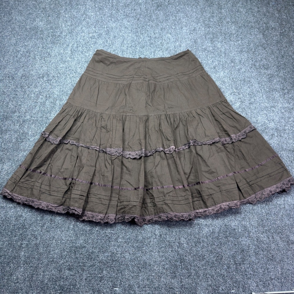 Motivi Brown Tiered Lace Trim Cotton Midi Skirt Womens Size 6 Boho Cottagecore